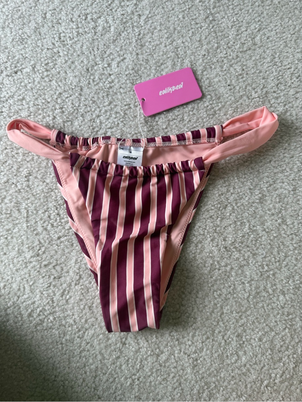Edikted Pink & Burgundy Striped Bikini Bottom